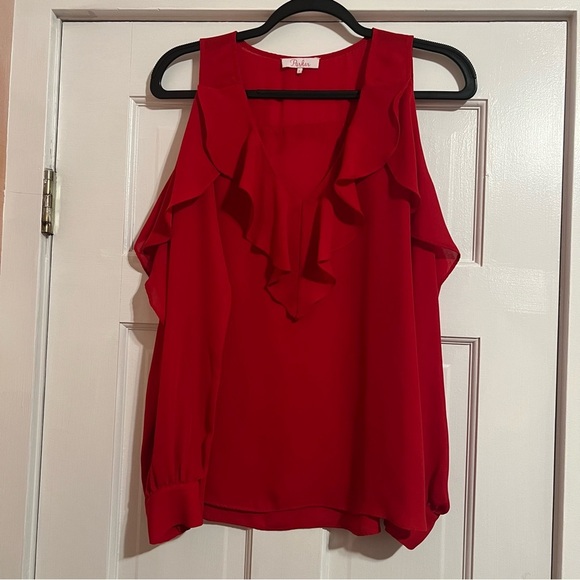 Parker Tops - #10 PARKER RUFFLE V-NECK COLD SHOULDER VIBRANT RED BLOUSE TOP SIZE SMALL